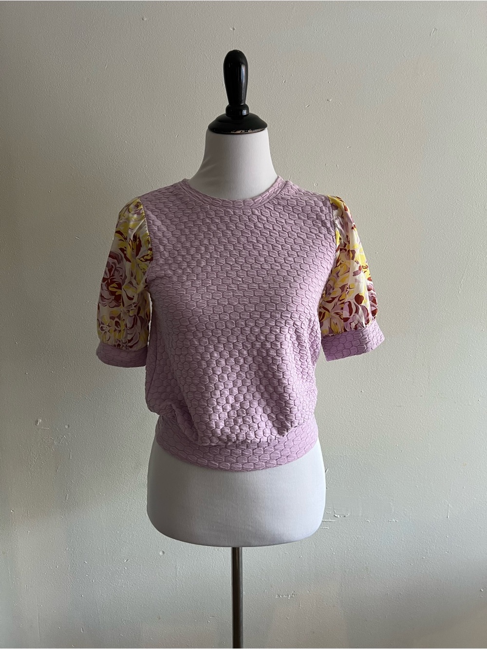 Anthropologie Porridge Lilac Short-Sleeve Textured Top with Floral Puff Sleeves